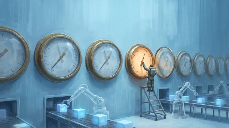 A glacier-blue factory wall lined with large brass gauges whose needles rest low while faint ghost needles hover higher behind the glass; a lone operator on a rolling ladder has opened one amber-glowing gauge and lifts its needle, as translucent robotic arms tend glowing blocks on conveyors below