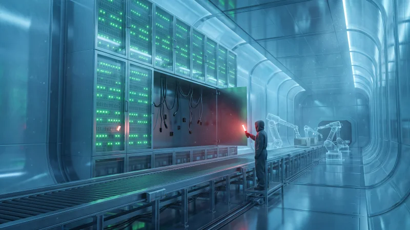 A glacier-blue quality-control hall where a wall of glowing green status lamps shines above an empty conveyor line, while a small inspector shines a red hand-lamp into the hollow machinery behind the panel