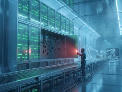 A glacier-blue quality-control hall where a wall of glowing green status lamps shines above an empty conveyor line, while a small inspector shines a red hand-lamp into the hollow machinery behind the panel