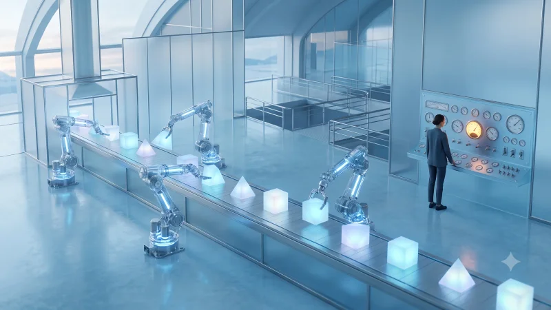 A glacier-blue factory hall where translucent robotic arms assemble glowing blocks on a conveyor, while a lone operator reads a wall of analog gauges, one glowing amber