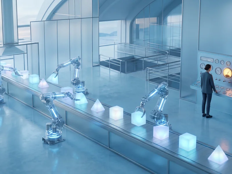 A glacier-blue factory hall where translucent robotic arms assemble glowing blocks on a conveyor, while a lone operator reads a wall of analog gauges, one glowing amber