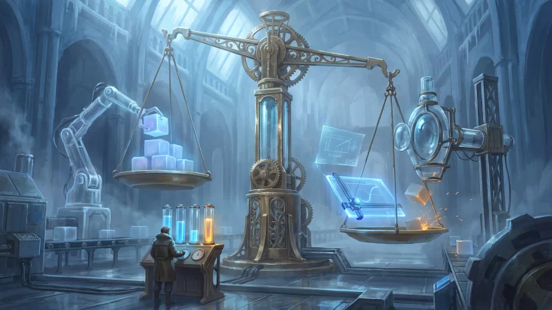 A glacier-blue factory hall with a giant brass balance scale: the lighter pan holds a translucent robotic arm stacking glowing blocks, the heavier pan holds a drafting arm tracing a blueprint and an inspection lens throwing amber sparks, while a lone operator reads four glass gauge columns, one glowing amber