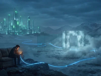 A glacier-blue night scene: a distant factory glowing serene green, connected by a luminous conduit to a phone glowing warm amber in a person's hands on a couch, the conduit bending and dimming as it passes through translucent walls and gates in the fog