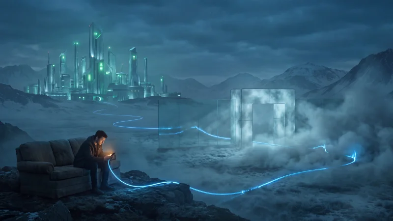 A glacier-blue night scene: a distant factory glowing serene green, connected by a luminous conduit to a phone glowing warm amber in a person's hands on a couch, the conduit bending and dimming as it passes through translucent walls and gates in the fog
