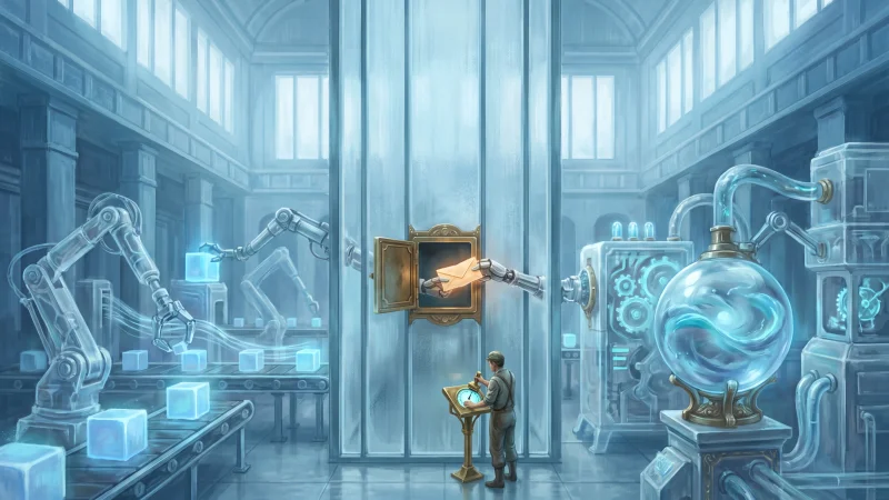 A glacier-blue factory hall split by a floor-to-ceiling frosted glass wall: robotic arms on the left tend glowing blocks on conveyors, machinery on the right tends a glowing glass sphere, and through a small brass hatch in the wall two robotic hands pass a single amber-glowing envelope while a lone operator below reads a dial at a lectern