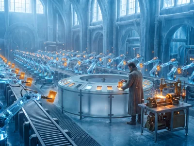 A glacier-blue factory hall where robotic arms hold up small glowing amber cards toward a human at a register desk, one card being forged into a small brass-and-glass tool at a workbench beside it