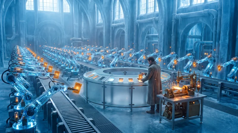 A glacier-blue factory hall where robotic arms hold up small glowing amber cards toward a human at a register desk, one card being forged into a small brass-and-glass tool at a workbench beside it