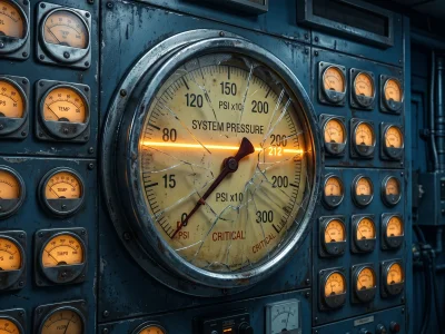 A wall of analog gauges in a glacier-blue control room, the central gauge's glass cracked, its needle reading far below the glowing true value traced behind it
