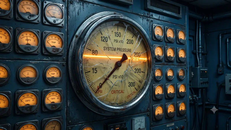 A wall of analog gauges in a glacier-blue control room, the central gauge's glass cracked, its needle reading far below the glowing true value traced behind it