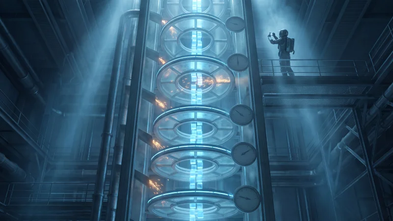 A glacier-blue inspection tower of seven stacked glass rungs, glowing blocks rising through them, amber defect sparks caught at different levels, one rung's gauge reading zero as sparks pass through, a human with a phone watching the top rung