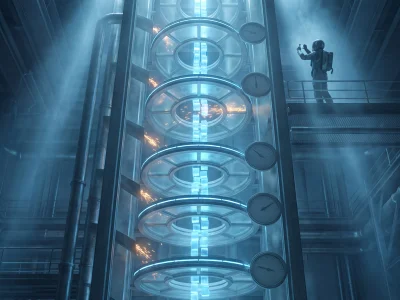 A glacier-blue inspection tower of seven stacked glass rungs, glowing blocks rising through them, amber defect sparks caught at different levels, one rung's gauge reading zero as sparks pass through, a human with a phone watching the top rung