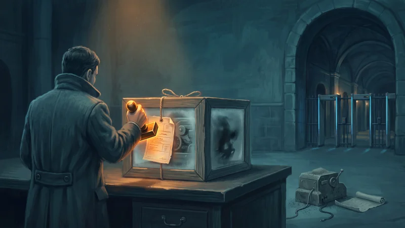 An inspector seen from behind holds a glowing brass stamp above the paper label of a wooden crate whose frosted panels show a neat mechanism on one side and a dark shifting shape on the other; a guarded, lit gateway stands through a stone archway behind, and an unplugged dusty machine sits on the floor beside a paper scroll
