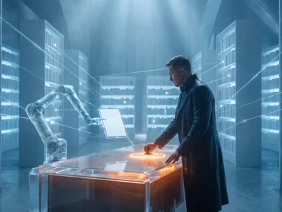 A glacier-blue hall of records where a translucent robotic arm and a human officer stand on opposite sides of a great ledger desk, stamped pages glowing softly, tall archive shelves receding into the light