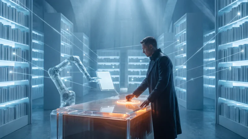 A glacier-blue hall of records where a translucent robotic arm and a human officer stand on opposite sides of a great ledger desk, stamped pages glowing softly, tall archive shelves receding into the light
