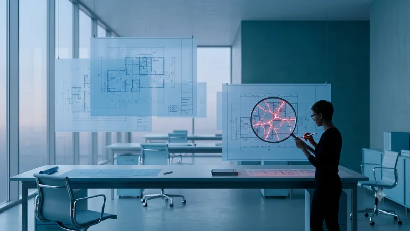 A glacier-blue drafting hall with translucent blueprints floating above a long table, one held under a magnifying lens revealing glowing red fracture lines, a small figure annotating it