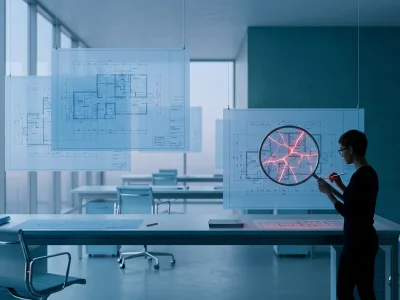 A glacier-blue drafting hall with translucent blueprints floating above a long table, one held under a magnifying lens revealing glowing red fracture lines, a small figure annotating it