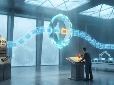 A glacier-blue inspection hall where two streams of glowing packets flow side by side into a comparison lens, one stream traced from a towering archival machine, while a small operator stamps a ledger