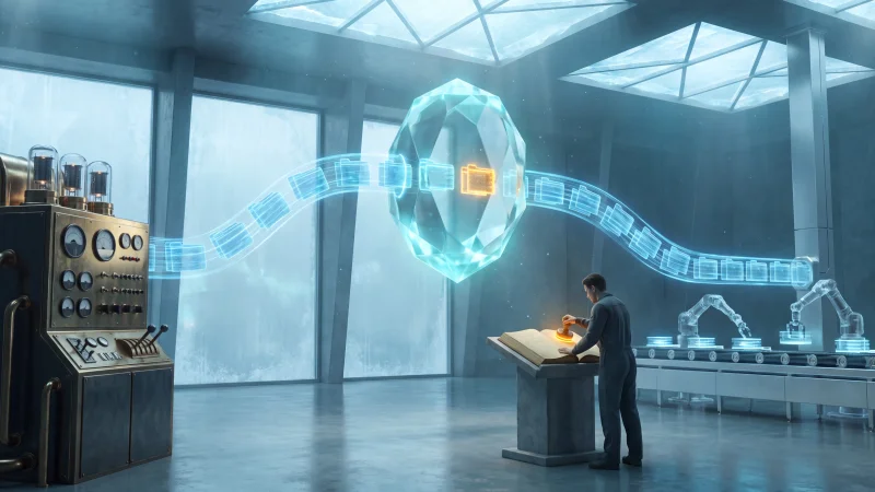 A glacier-blue inspection hall where two streams of glowing packets flow side by side into a comparison lens, one stream traced from a towering archival machine, while a small operator stamps a ledger