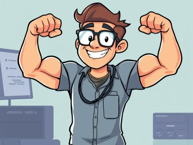 Cartoon of developer flexing with AI-powered tools