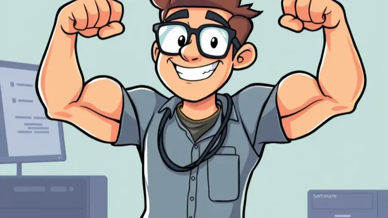 Cartoon of developer flexing with AI-powered tools