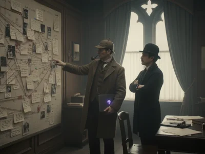 Sherlock Holmes working on his laptop with graph view on screen