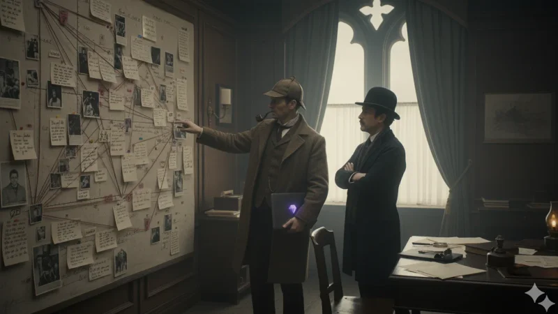 Sherlock Holmes working on his laptop with graph view on screen