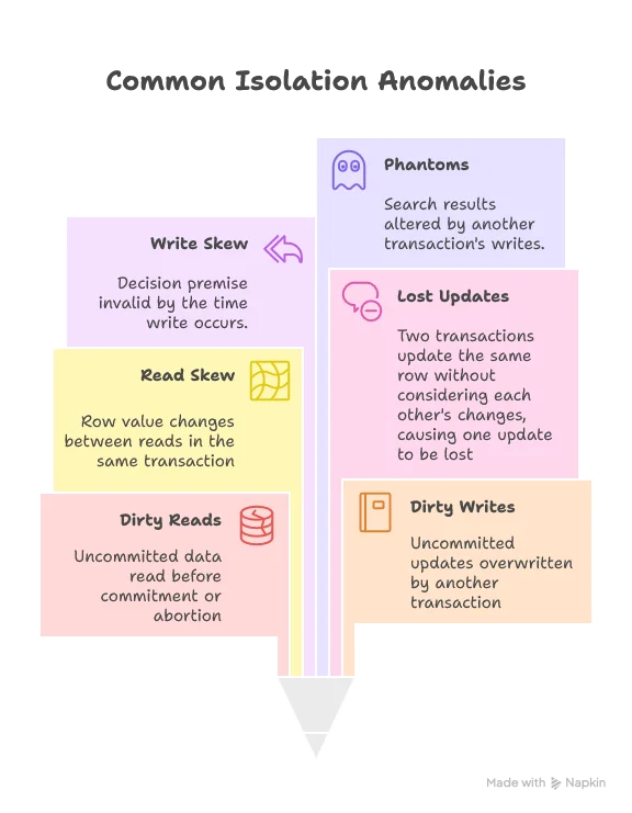 Isolation Anomalies,- Dirty reads: Uncommitted rows can be read by another transaction before they're committed or aborted.- Dirty writes: Uncommitted updated rows can be overwritten by another transaction.- Read skew (non-repeatable reads): A row's value changes between two reads within the same transaction.- Lost updates: Two transactions update the same row without considering each other's changes, causing one update to be lost.- Write skew: A transaction reads data and makes a decision to write based on that reading. By the time the write occurs, the premise of that decision is no longer valid.- Phantoms: A transaction reads rows matching certain criteria. Another transaction writes data that affects those search results.