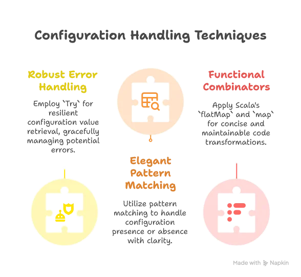 config handling techniques, - Using Try for robust error handling when reading configuration values - Leveraging pattern matching for elegant handling of configuration presence/absence - Using Scala's functional combinators like flatMap and map for cleaner code