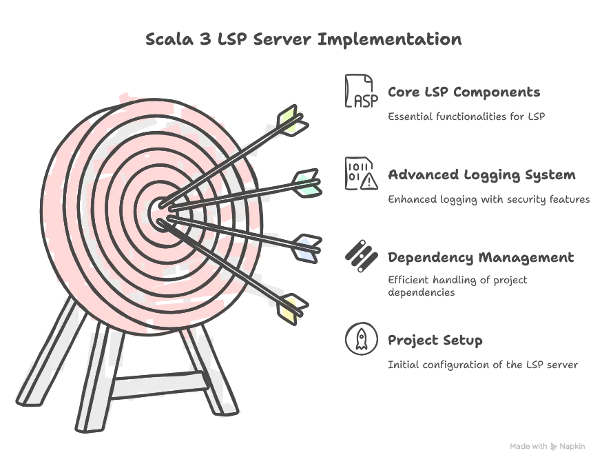 List of what we studied,1. Setting up the LSP server project with Maven 2. Implementing smart dependency management using Scala 3 features 3. Creating an advanced logging system with: - Redirected standard output - Secure logging with sensitive information redaction - Client-side log streaming 4. Implementing the core LSP components: - Language Server with capability negotiation - Text Document Service with basic feature implementations