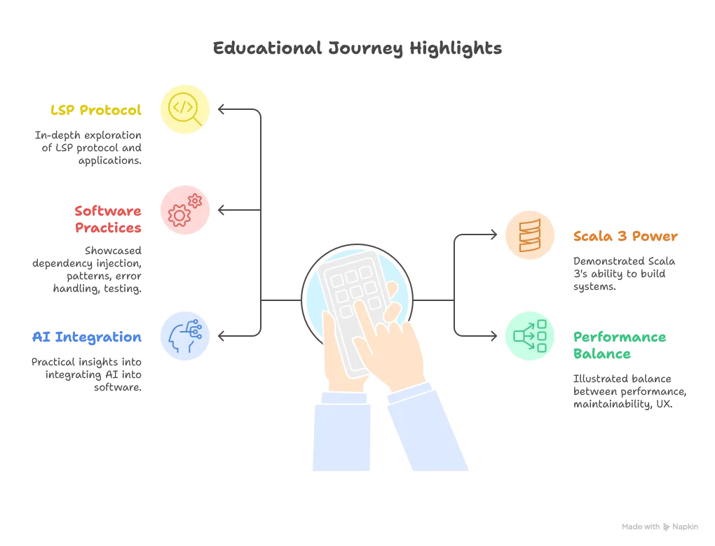 Educational Journey: - Explored the LSP protocol in depth and its real-world applications - Demonstrated Scala 3's power for building complex, maintainable systems - Showcased modern software engineering practices: dependency injection, design patterns, error handling, and testing strategies - Illustrated the balance between performance, maintainability, and user experience - Provided practical insights into integrating AI into traditional software systems