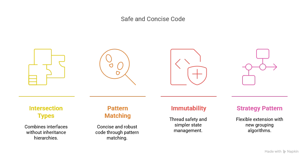implementation strength,1. Intersection Types: Using TextDocumentService & WorkspaceContext provides a clean way to combine interfaces without complex inheritance hierarchies 2. Pattern Matching: Extensive use of pattern matching makes our code both concise and robust 3. Case Classes and Immutability: Relying on immutable case classes for our core data structures ensures thread safety and simpler reasoning about state 4. Strategy Pattern: Our flexible workspace strategy system allows for easy extension with new grouping algorithms